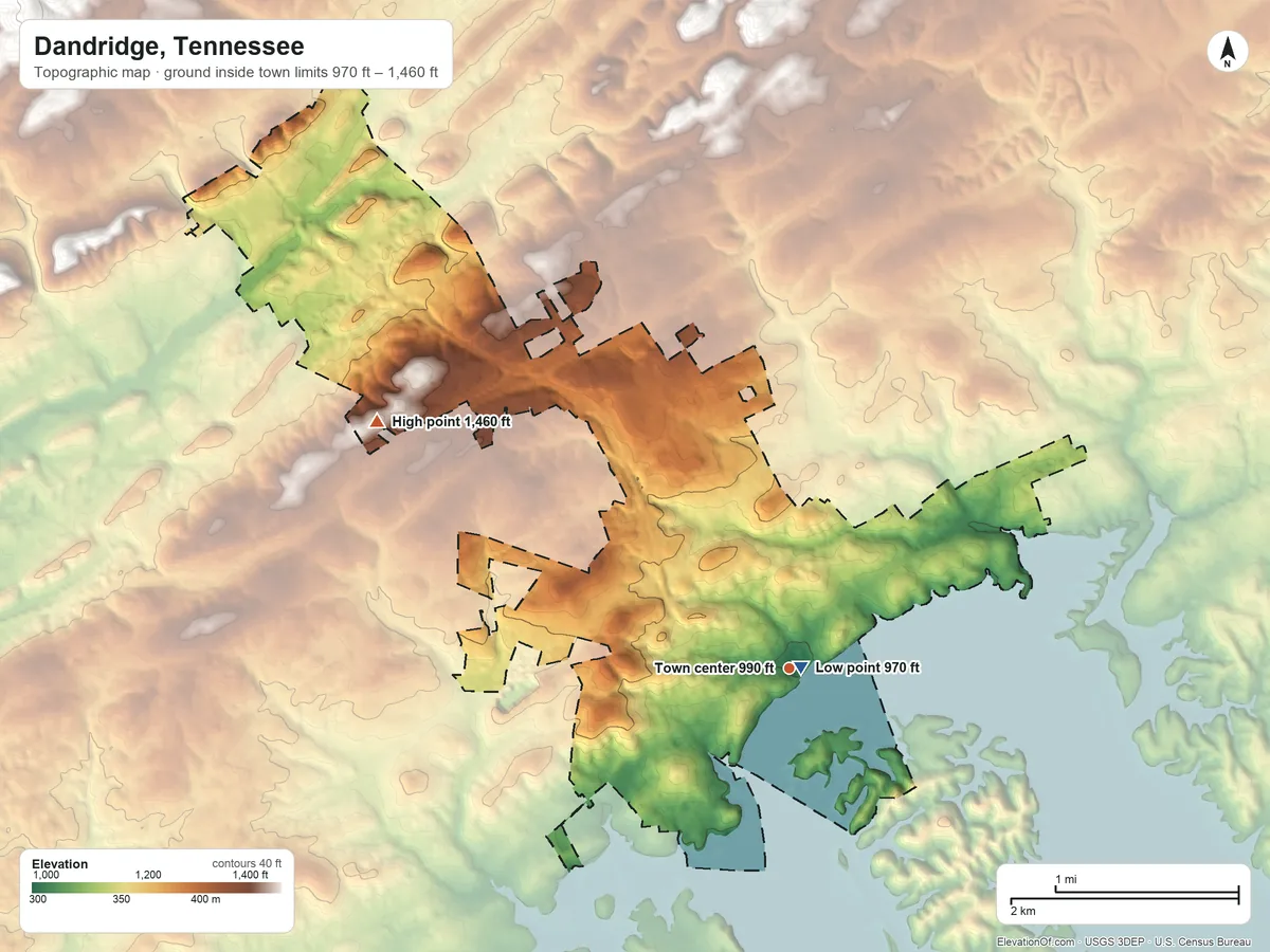 Topographic elevation map of Dandridge, Tennessee, shaded from 970 ft near the middle to 1,460 ft on the northwest side