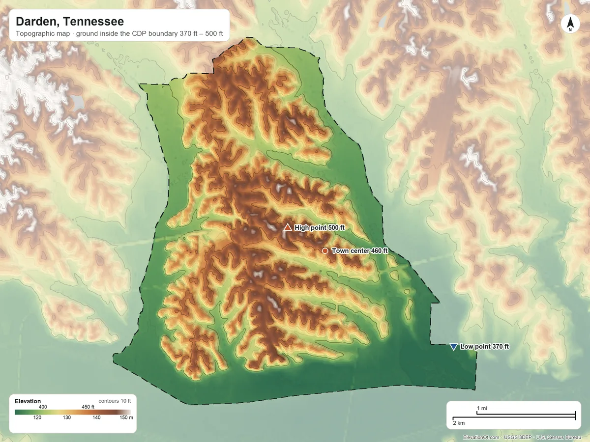 Topographic elevation map of Darden, Tennessee, shaded from 370 ft on the southeast side to 500 ft near the middle