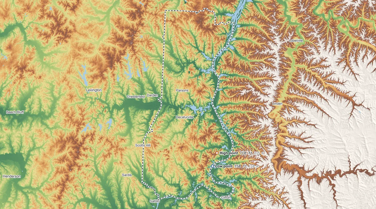 Topographic elevation map of Decatur County, Tennessee, shaded from 350 ft on the south side to 710 ft on the southeast side