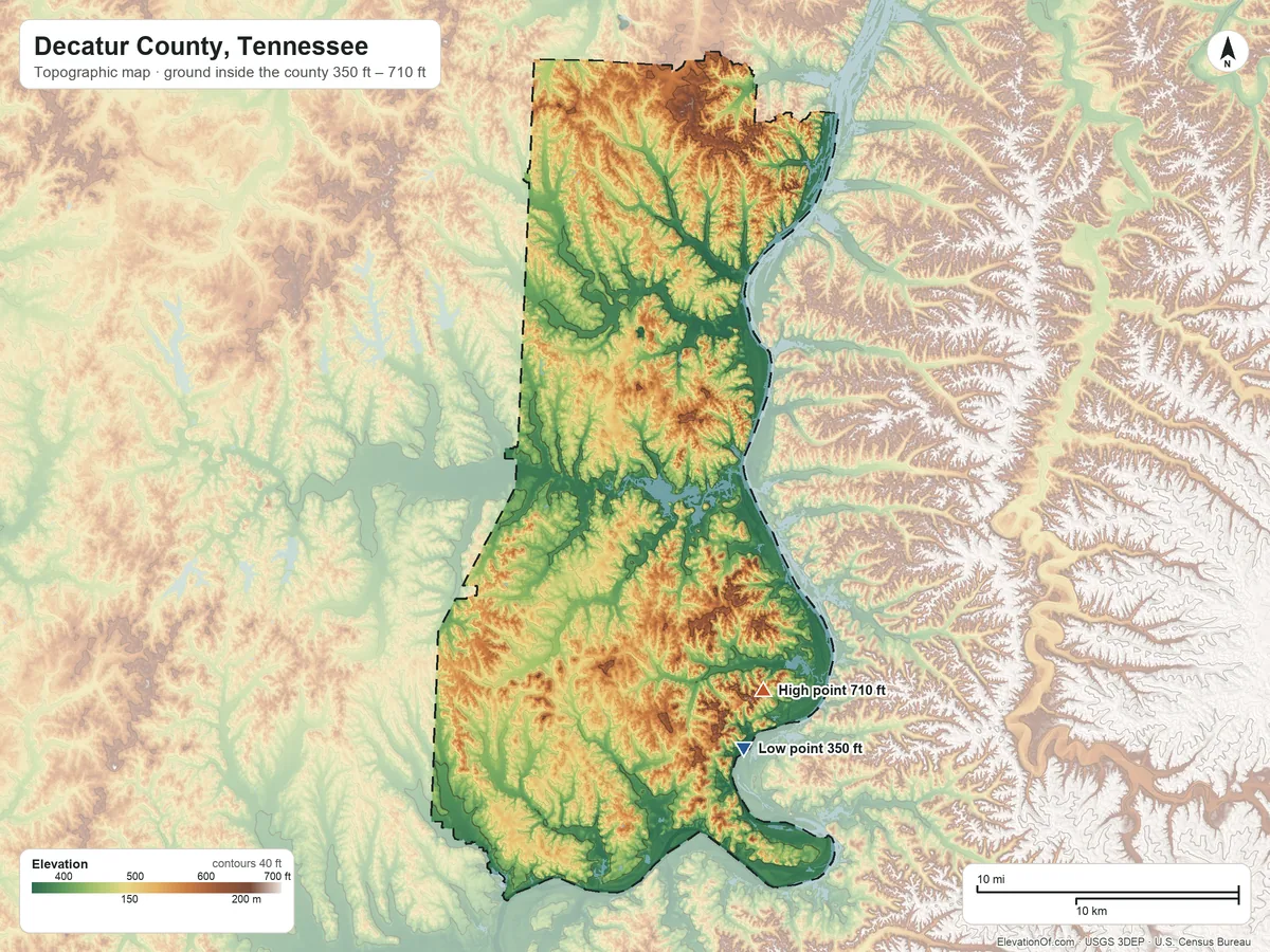 Topographic elevation map of Decatur County, Tennessee, shaded from 350 ft on the south side to 710 ft on the southeast side