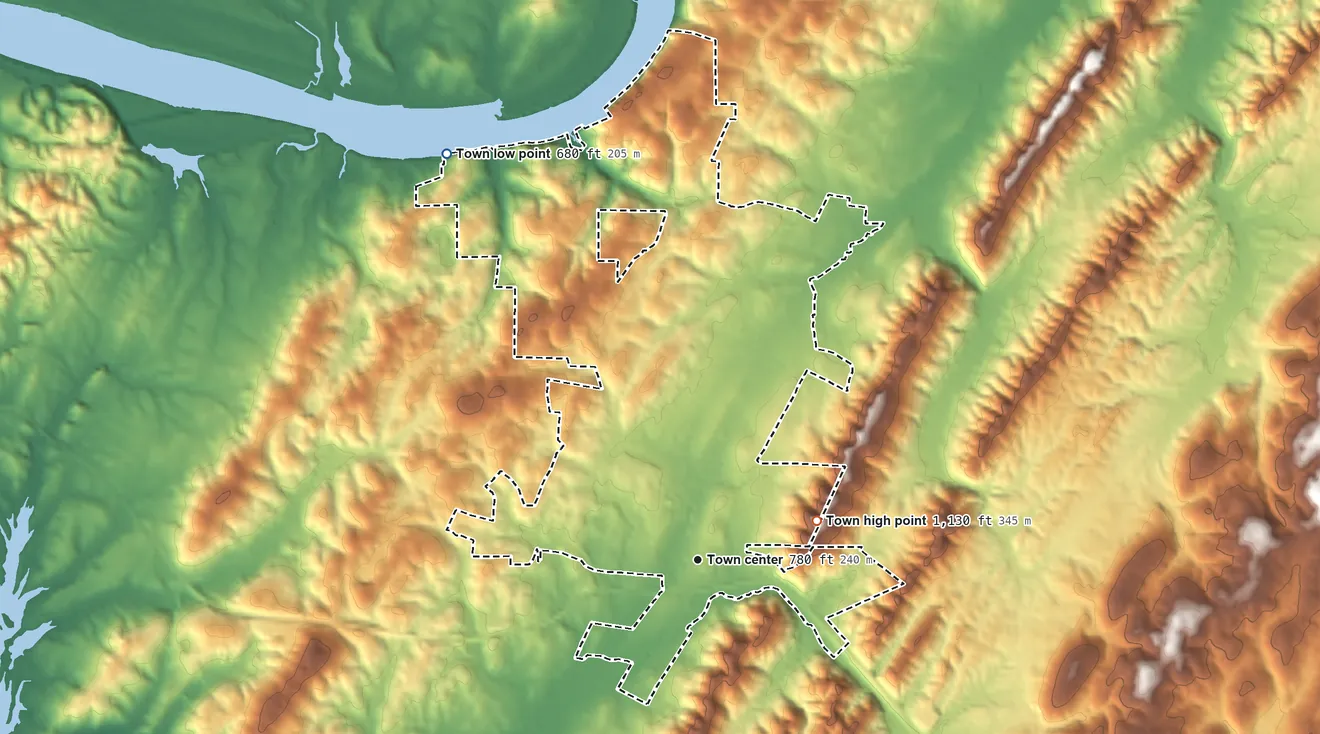 Topographic elevation map of Decatur, Tennessee, shaded from 680 ft on the northwest side to 1,130 ft on the east side