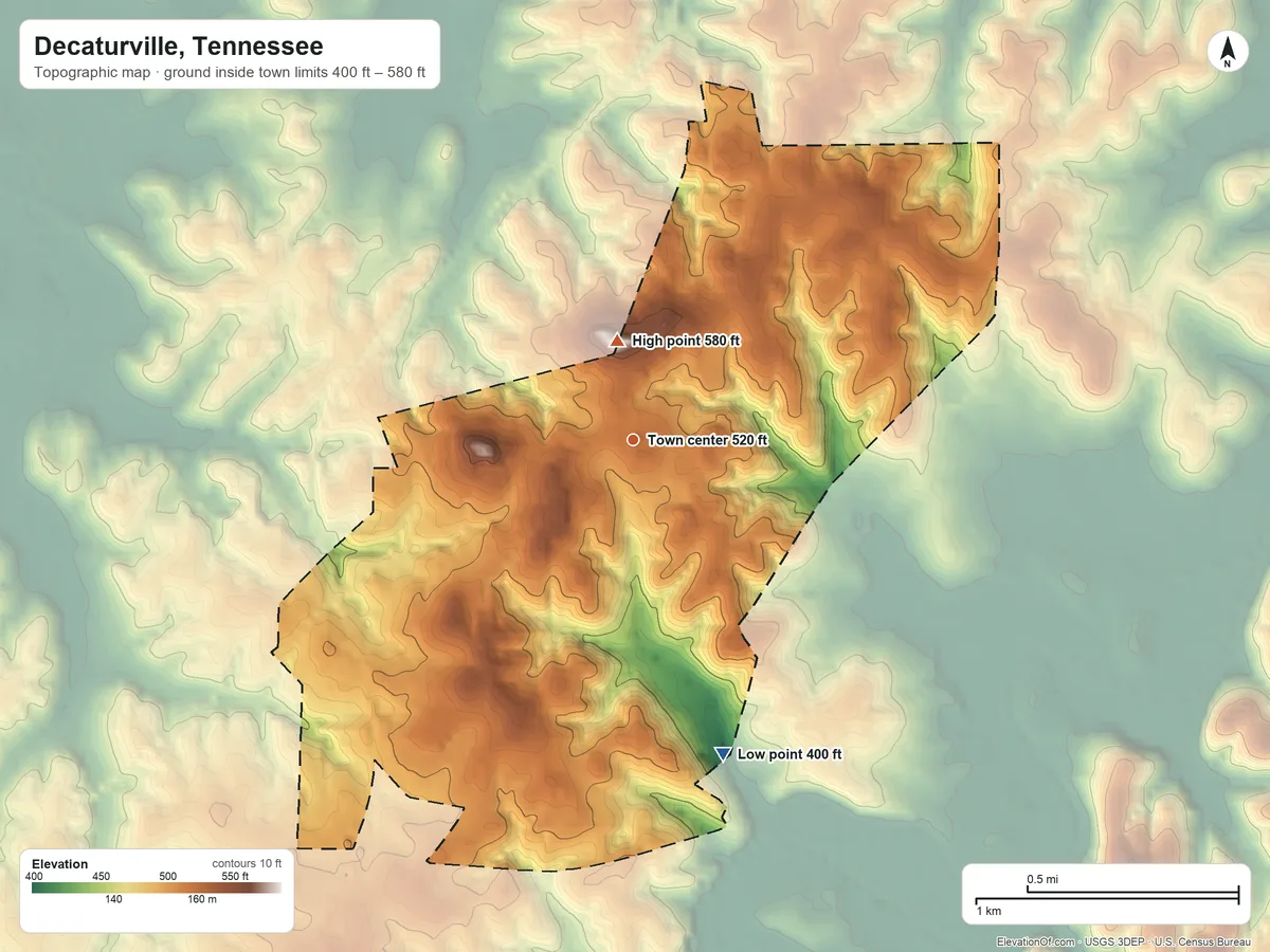 Topographic elevation map of Decaturville, Tennessee, shaded from 400 ft on the south side to 580 ft near the middle
