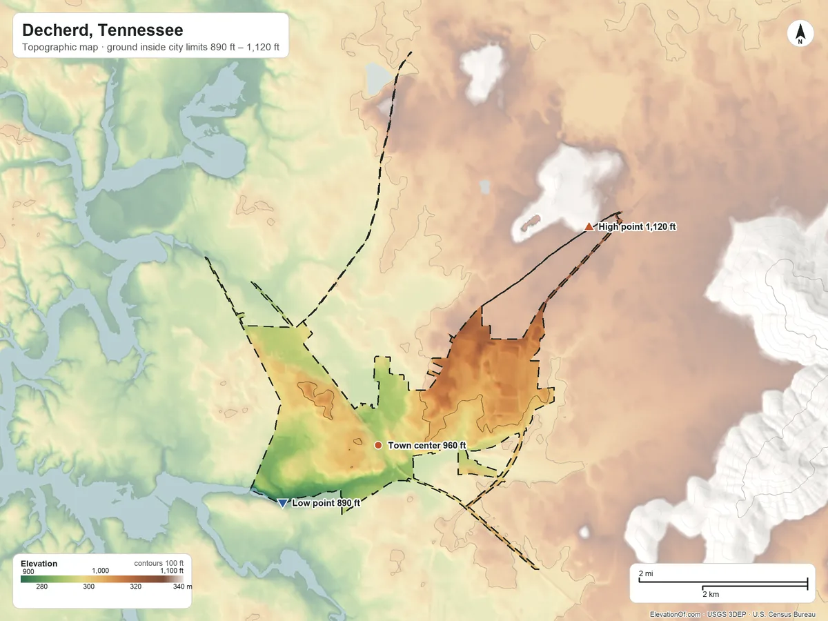 Topographic elevation map of Decherd, Tennessee, shaded from 890 ft on the southwest side to 1,120 ft on the northeast edge, below higher ground just outside