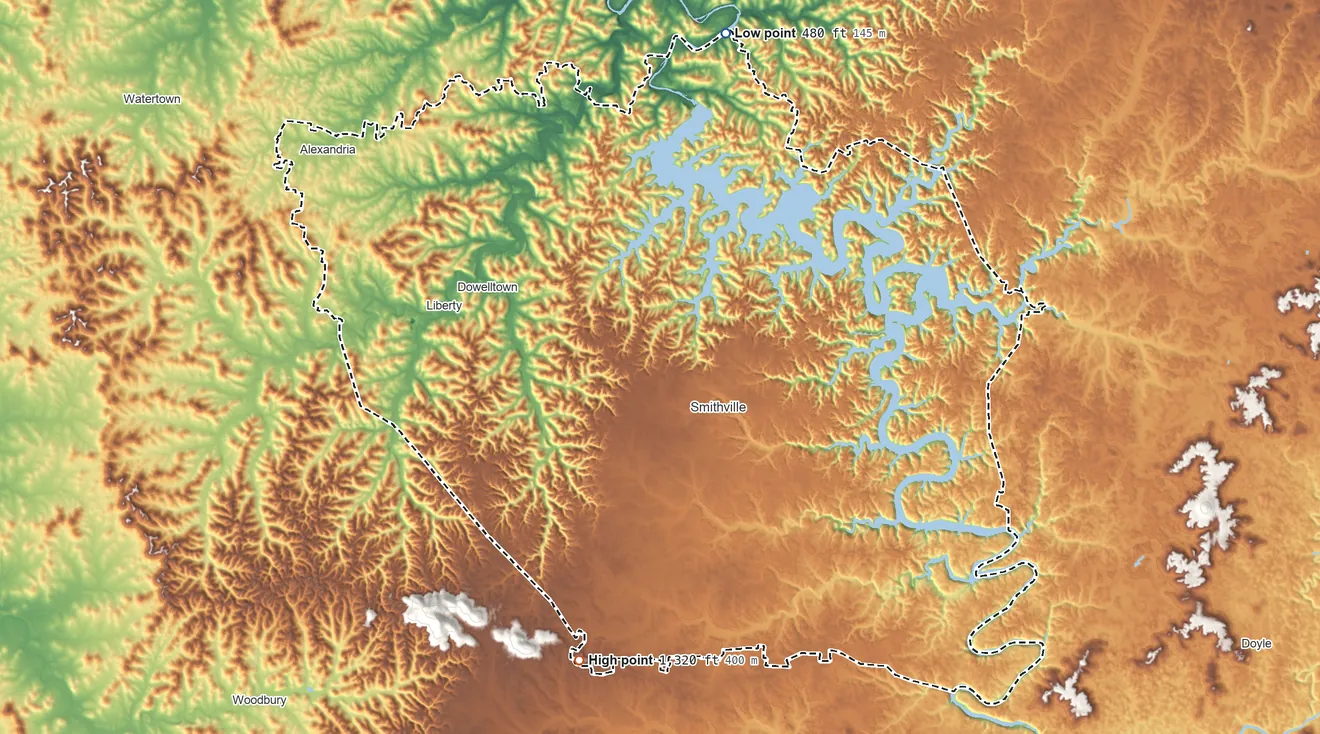 Topographic elevation map of DeKalb County, Tennessee, shaded from 480 ft on the north side to 1,320 ft on the south side