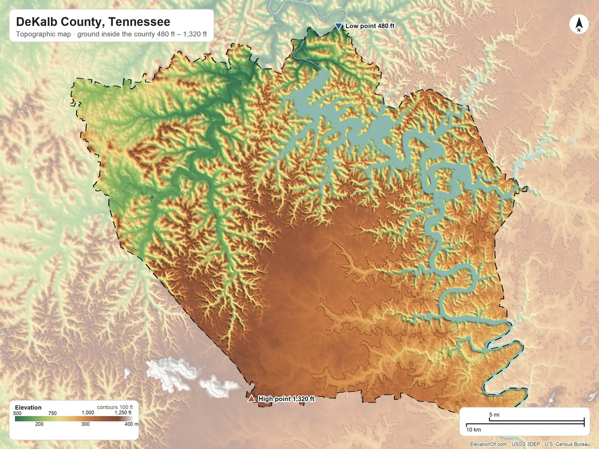 Topographic elevation map of DeKalb County, Tennessee, shaded from 480 ft on the north side to 1,320 ft on the south side