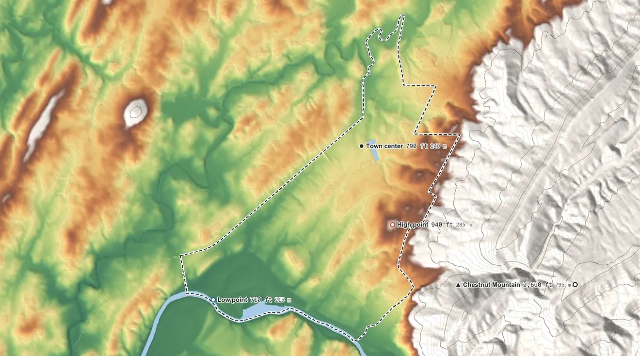 Topographic elevation map of Delano, Tennessee, shaded from 710 ft on the southwest side to 940 ft on the south edge, below higher ground just outside