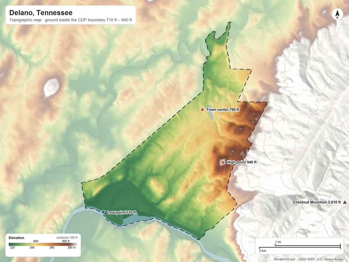 Topographic elevation map of Delano, Tennessee, shaded from 710 ft on the southwest side to 940 ft on the south edge, below higher ground just outside