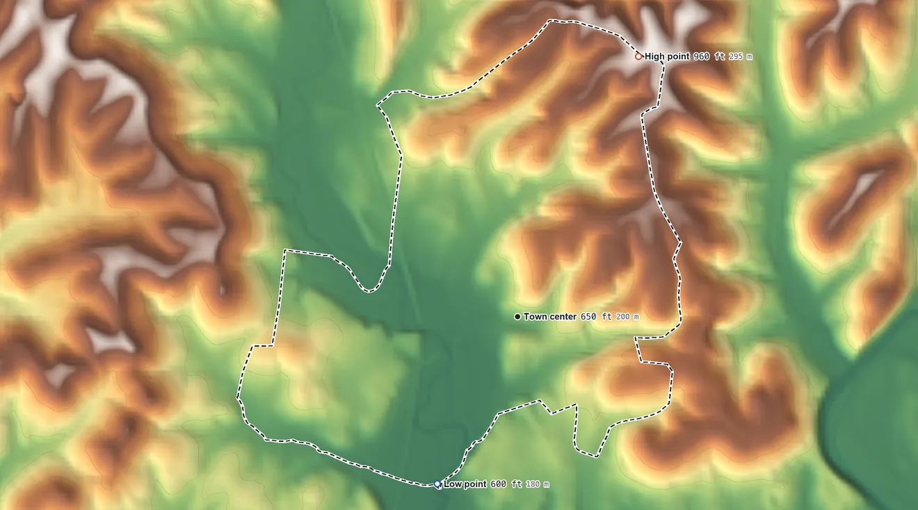 Topographic elevation map of Dellrose, Tennessee, shaded from 600 ft on the southwest side to 960 ft on Mansfield Hill