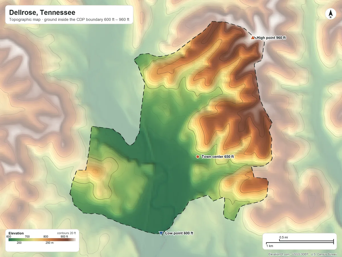 Topographic elevation map of Dellrose, Tennessee, shaded from 600 ft on the southwest side to 960 ft on Mansfield Hill