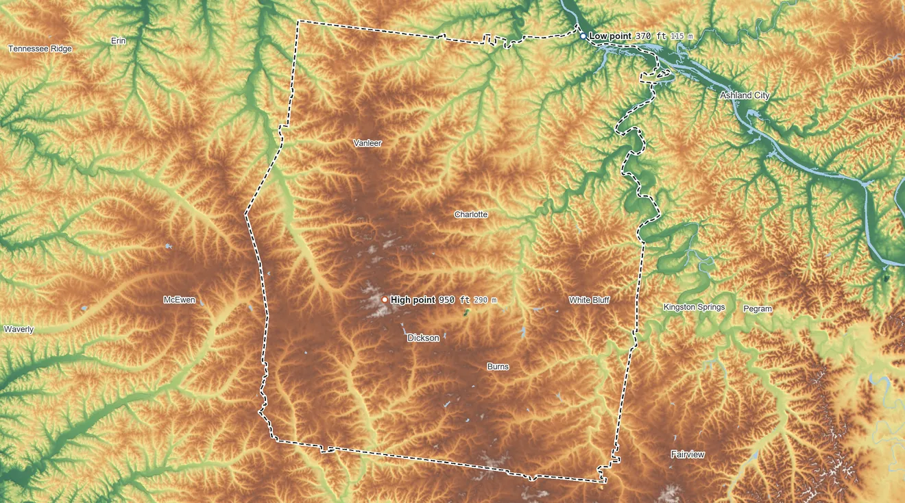 Topographic elevation map of Dickson County, Tennessee, shaded from 370 ft on the northeast side to 950 ft on the southwest side