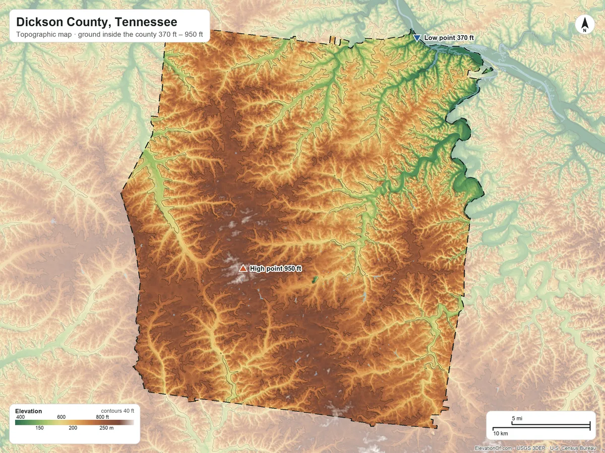 Topographic elevation map of Dickson County, Tennessee, shaded from 370 ft on the northeast side to 950 ft on the southwest side