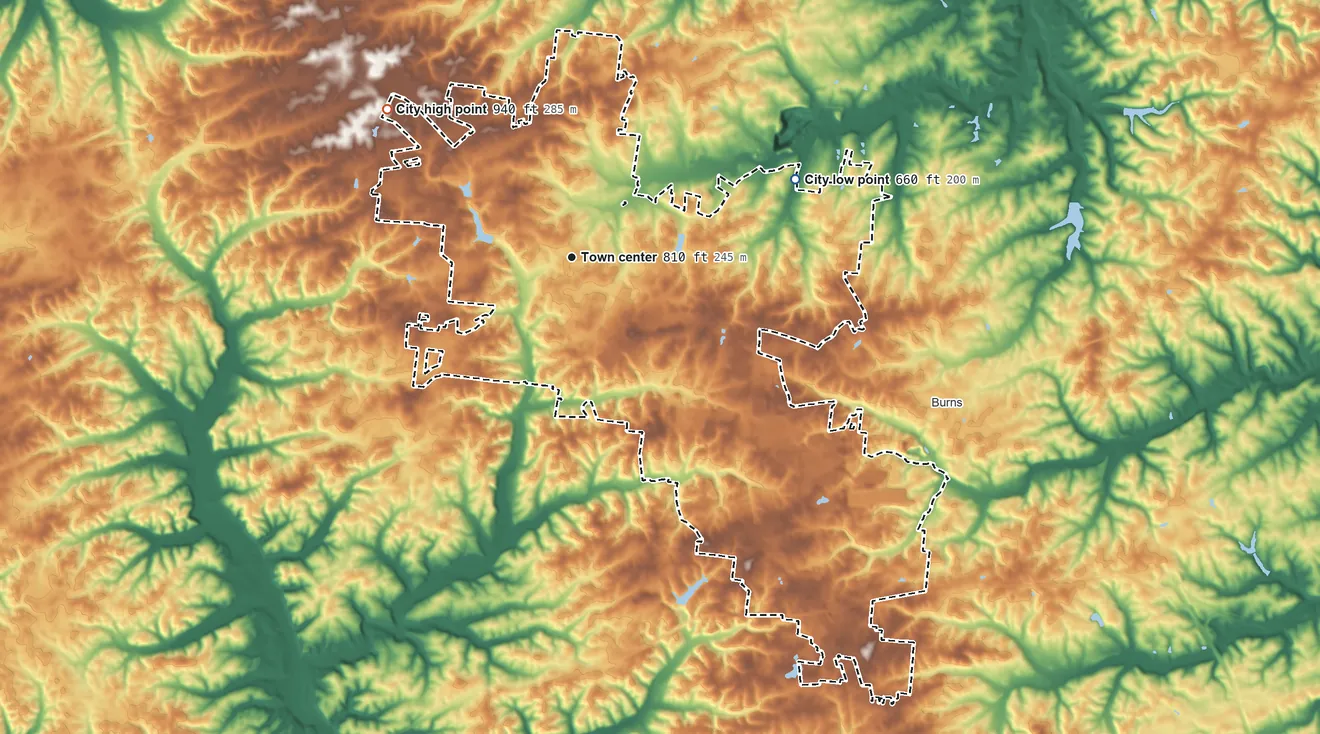 Topographic elevation map of Dickson, Tennessee, shaded from 660 ft on the east side to 940 ft on the northwest side