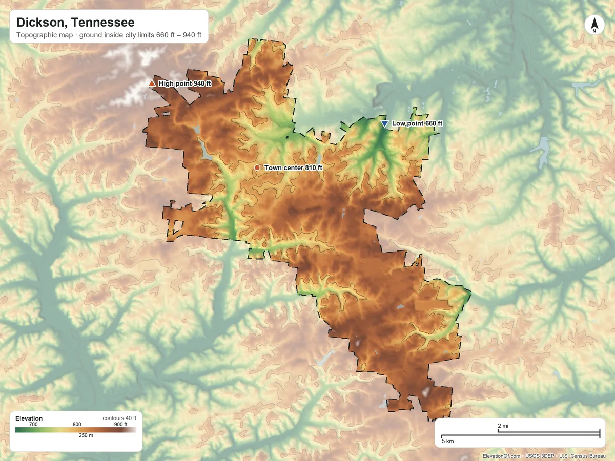 Topographic elevation map of Dickson, Tennessee, shaded from 660 ft on the east side to 940 ft on the northwest side