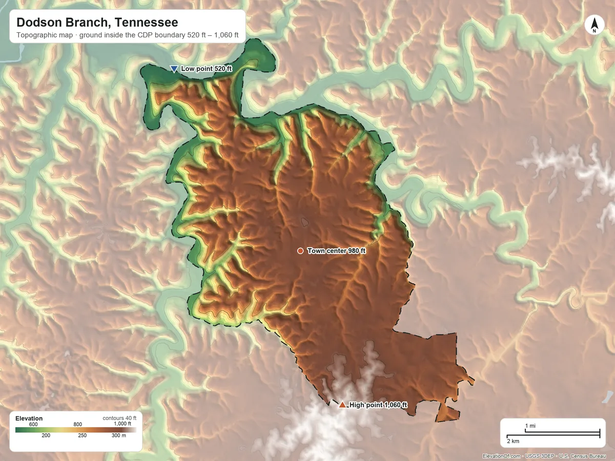 Topographic elevation map of Dodson Branch, Tennessee, shaded from 520 ft on the northwest side to 1,060 ft on the south side