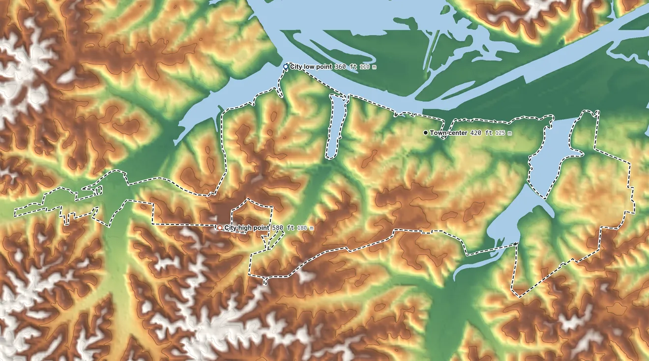 Topographic elevation map of Dover, Tennessee, shaded from 360 ft on the northwest side to 580 ft on the southwest side
