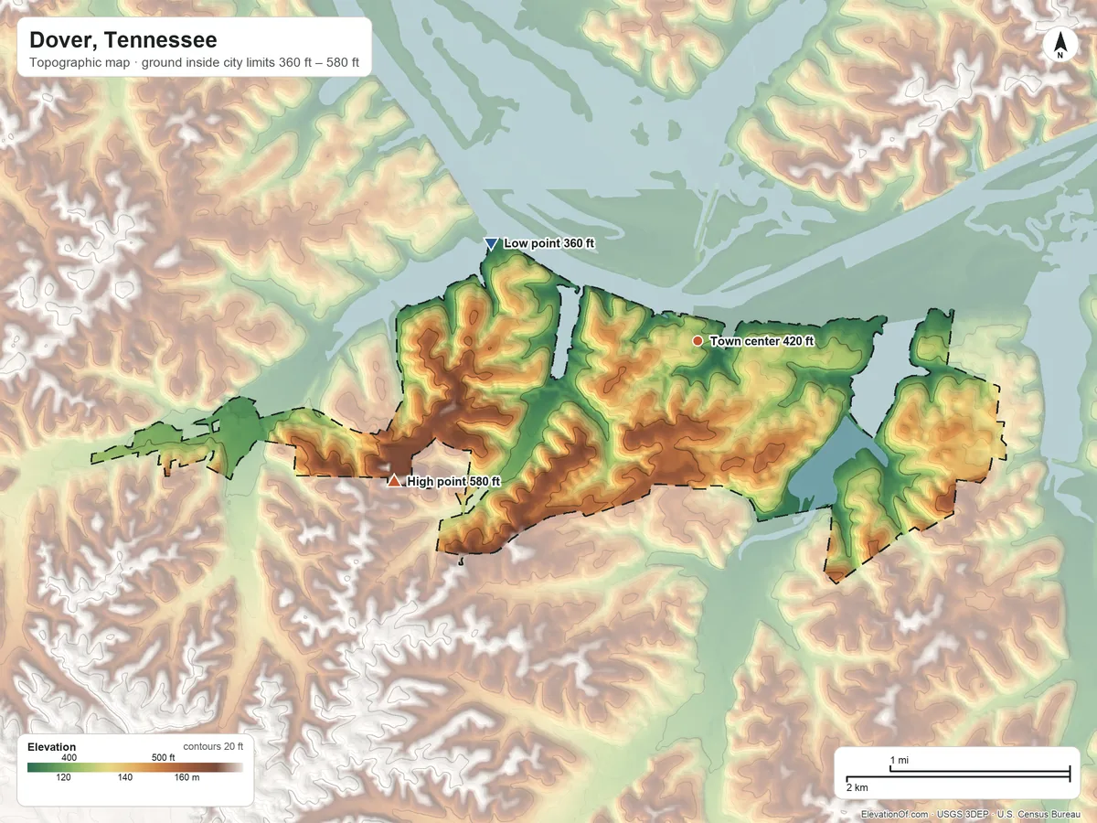 Topographic elevation map of Dover, Tennessee, shaded from 360 ft on the northwest side to 580 ft on the southwest side