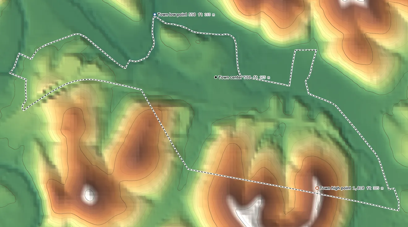 Topographic elevation map of Dowelltown, Tennessee, shaded from 550 ft on the northwest side to 1,010 ft on the southeast side