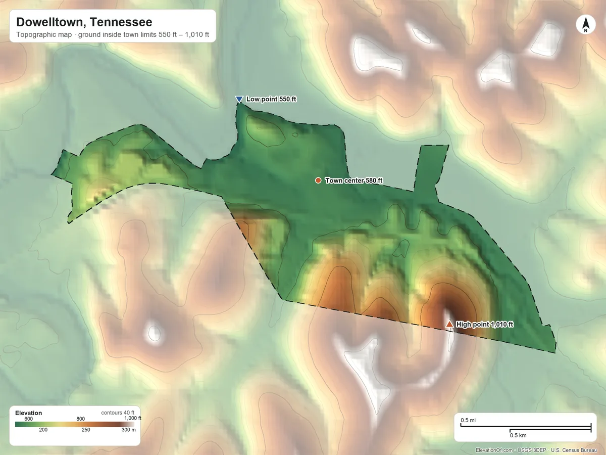 Topographic elevation map of Dowelltown, Tennessee, shaded from 550 ft on the northwest side to 1,010 ft on the southeast side