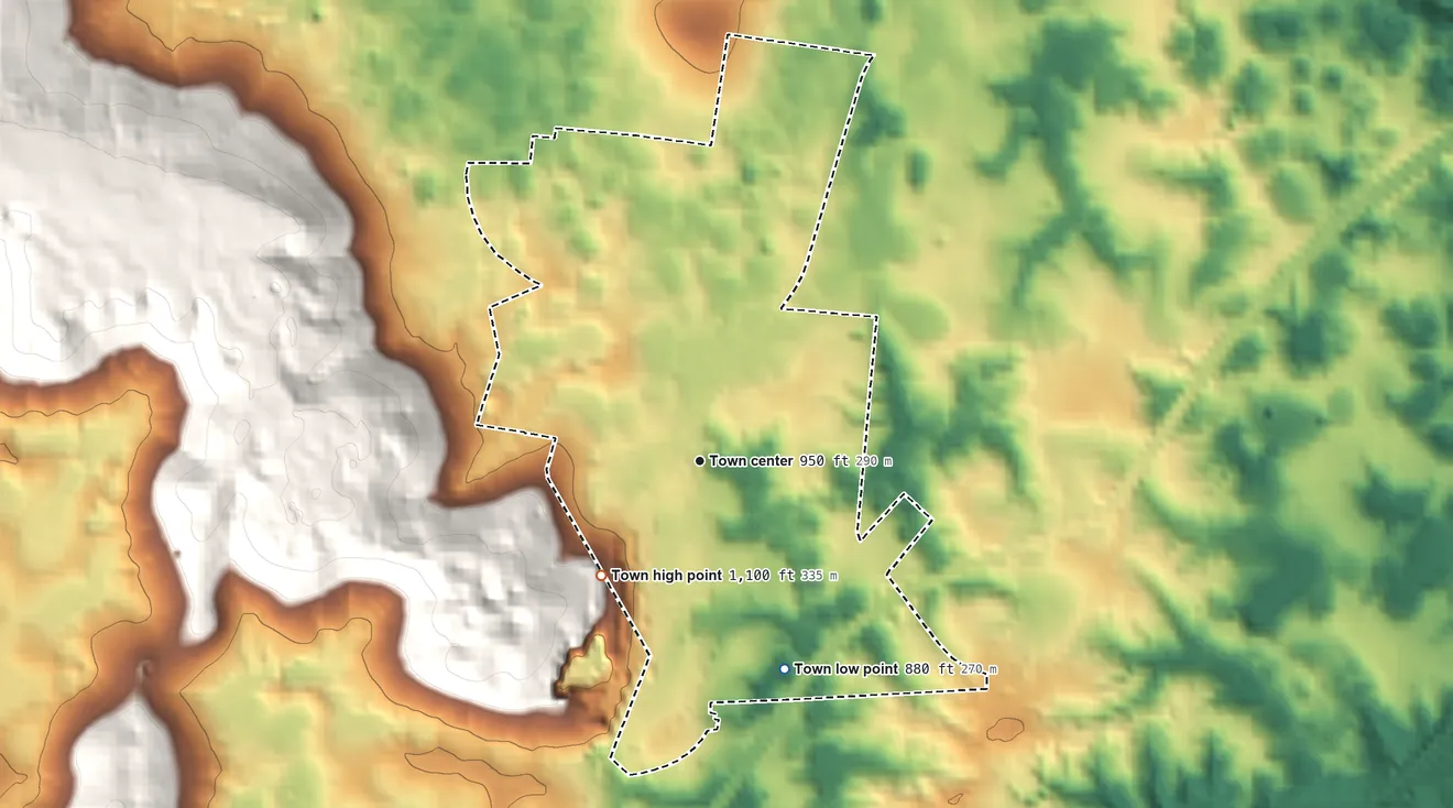 Topographic elevation map of Doyle, Tennessee, shaded from 880 ft on the south side to 1,100 ft on the southwest side