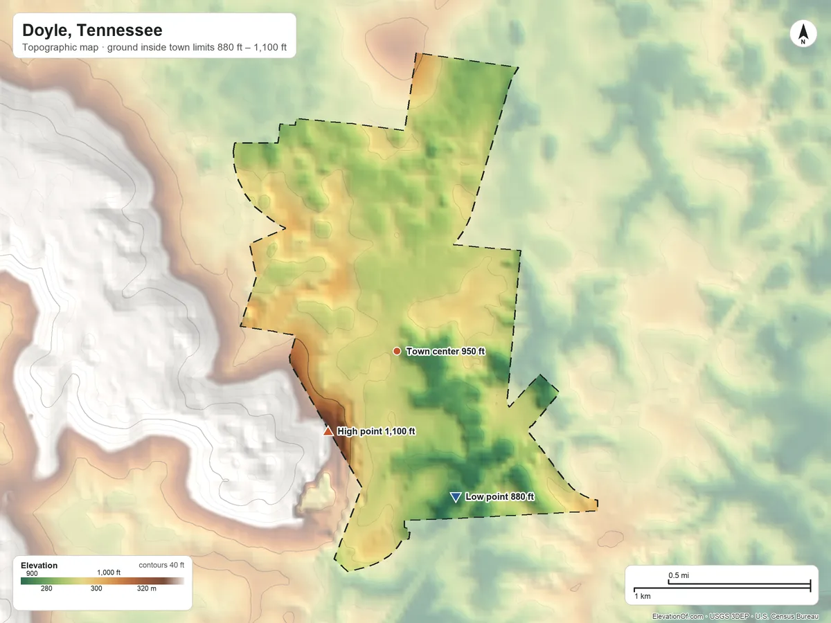 Topographic elevation map of Doyle, Tennessee, shaded from 880 ft on the south side to 1,100 ft on the southwest side