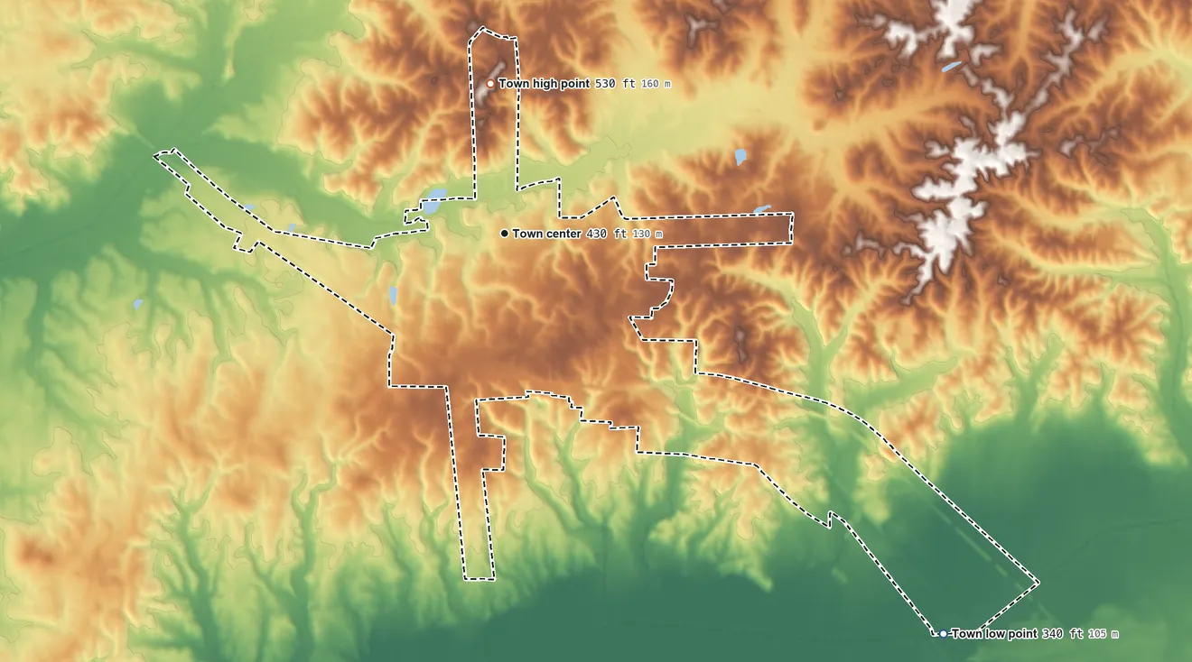 Topographic elevation map of Dresden, Tennessee, shaded from 340 ft on the southeast side to 530 ft on the north side