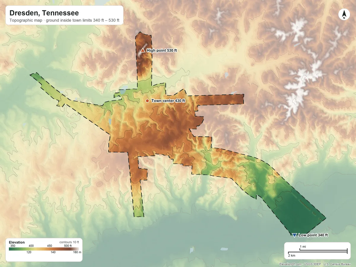 Topographic elevation map of Dresden, Tennessee, shaded from 340 ft on the southeast side to 530 ft on the north side