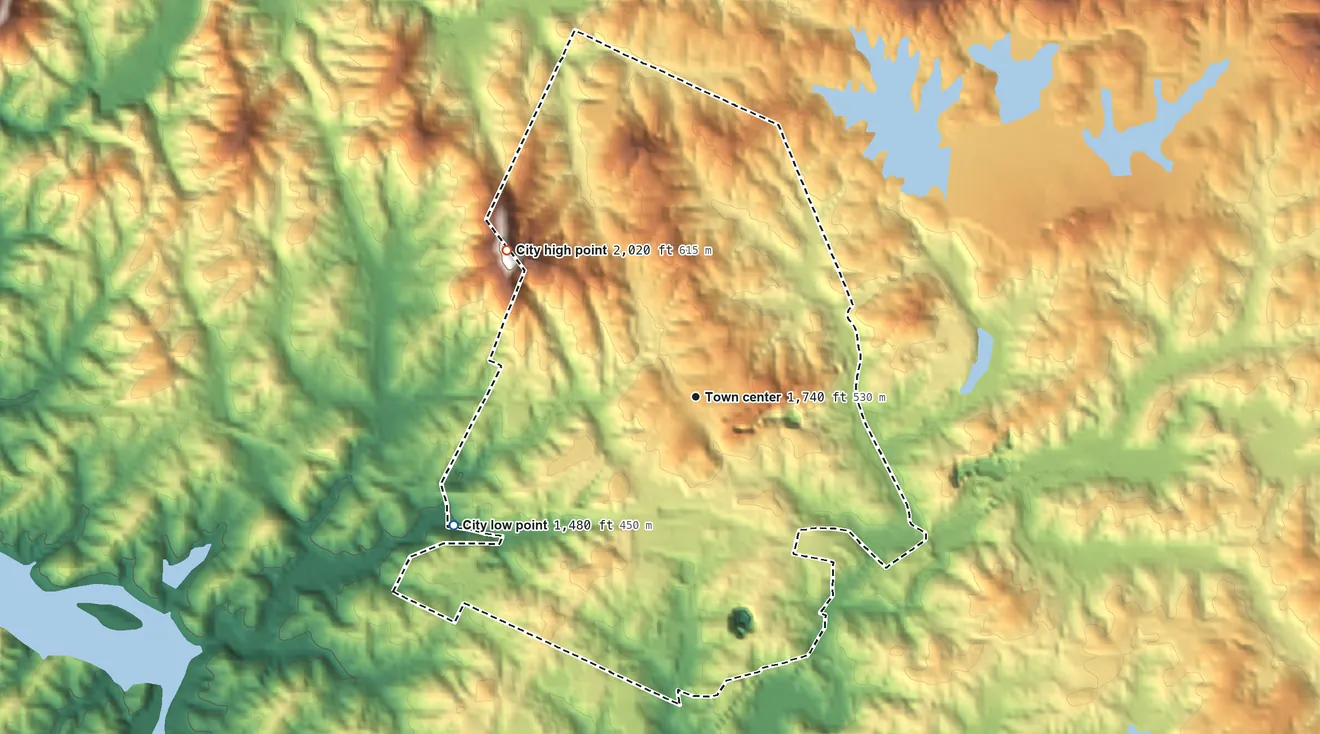 Topographic elevation map of Ducktown, Tennessee, shaded from 1,480 ft on the southwest side to 2,020 ft on the northwest edge, below higher ground just outside