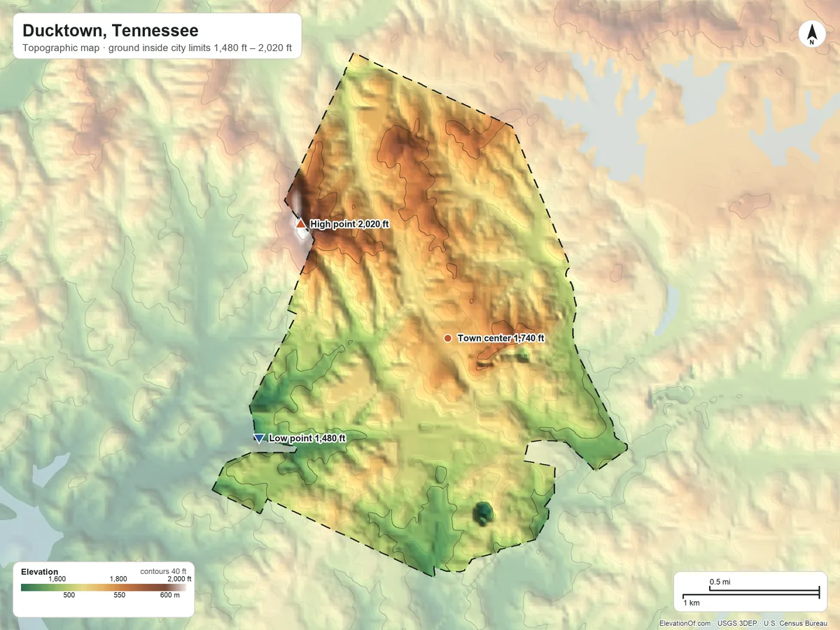 Topographic elevation map of Ducktown, Tennessee, shaded from 1,480 ft on the southwest side to 2,020 ft on the northwest edge, below higher ground just outside