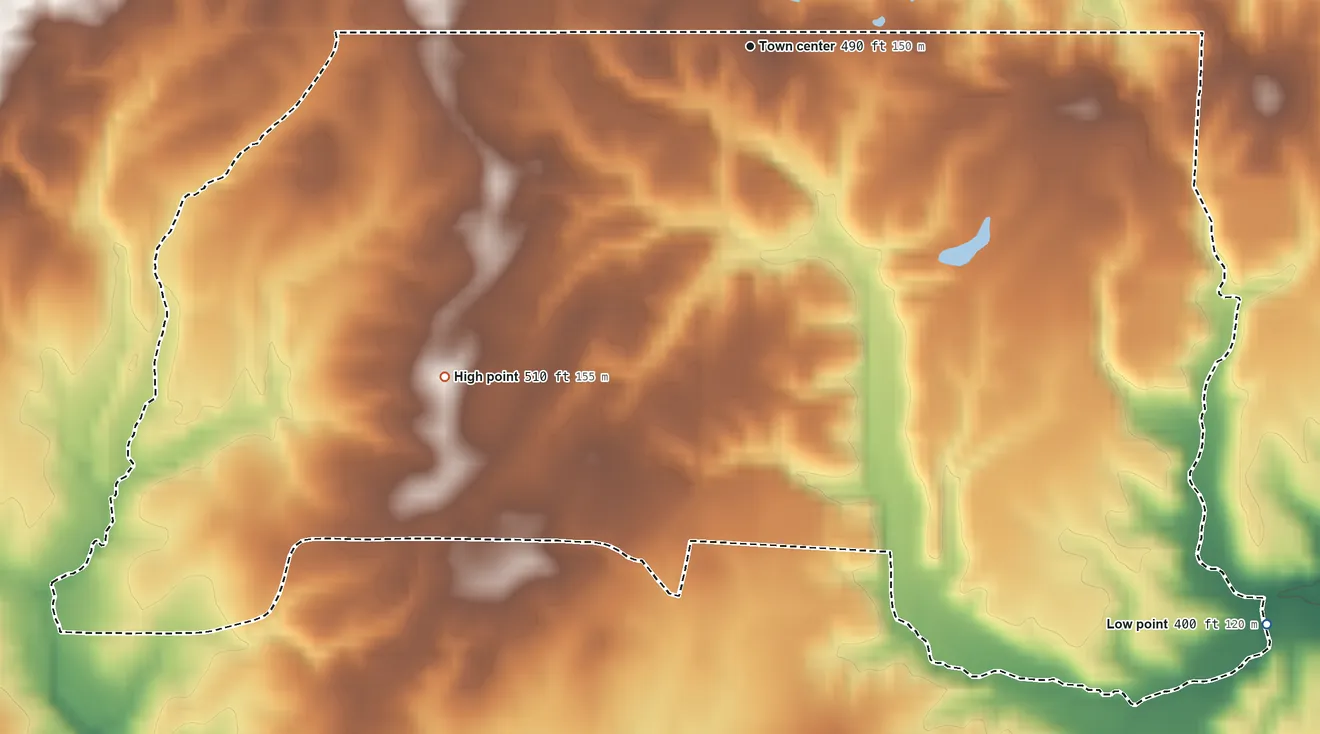 Topographic elevation map of Dukedom, Tennessee, shaded from 400 ft on the southeast side to 510 ft on the southwest side