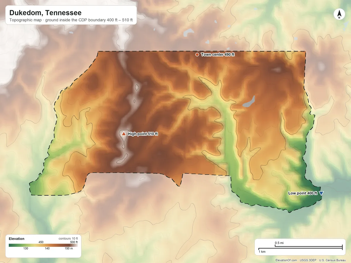 Topographic elevation map of Dukedom, Tennessee, shaded from 400 ft on the southeast side to 510 ft on the southwest side