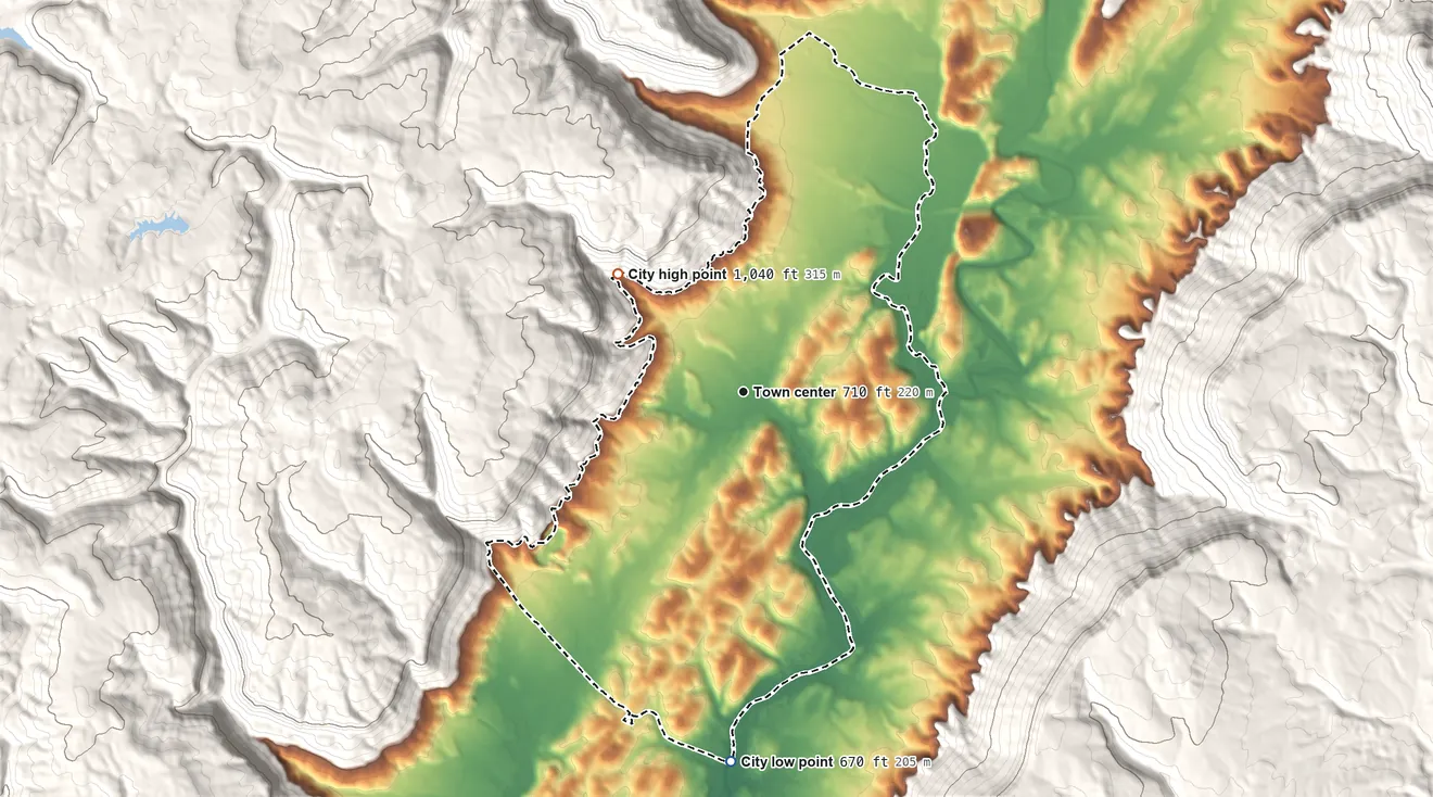 Topographic elevation map of Dunlap, Tennessee, shaded from 670 ft on the south side to 1,040 ft on the northwest edge, below higher ground just outside