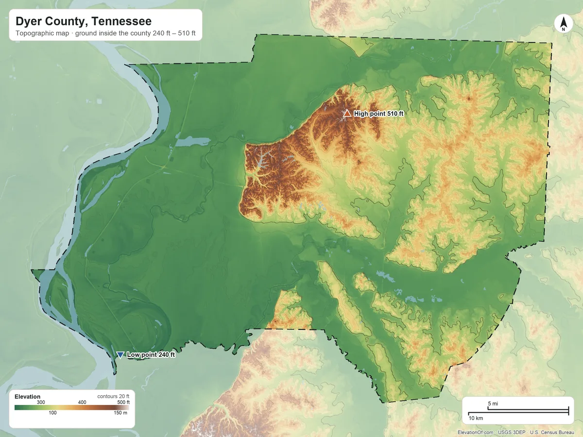 Topographic elevation map of Dyer County, Tennessee, shaded from 240 ft on the southwest side to 510 ft on the northeast side