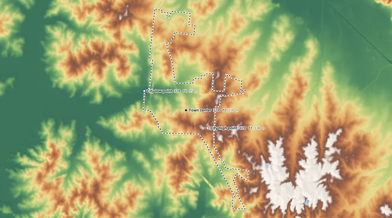 Topographic elevation map of Dyer, Tennessee, shaded from 320 ft on the northwest side to 420 ft on the southeast side