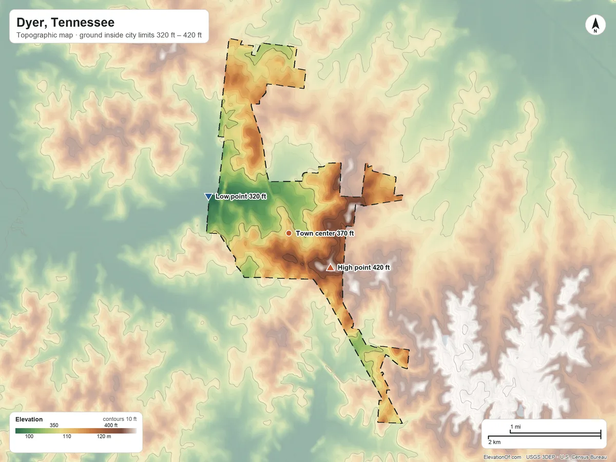 Topographic elevation map of Dyer, Tennessee, shaded from 320 ft on the northwest side to 420 ft on the southeast side