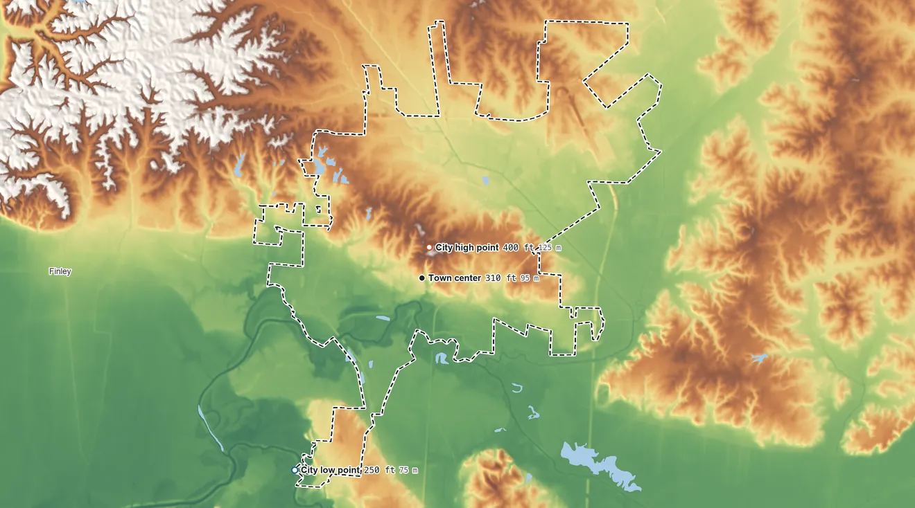 Topographic elevation map of Dyersburg, Tennessee, shaded from 250 ft on the southwest side to 400 ft near the middle
