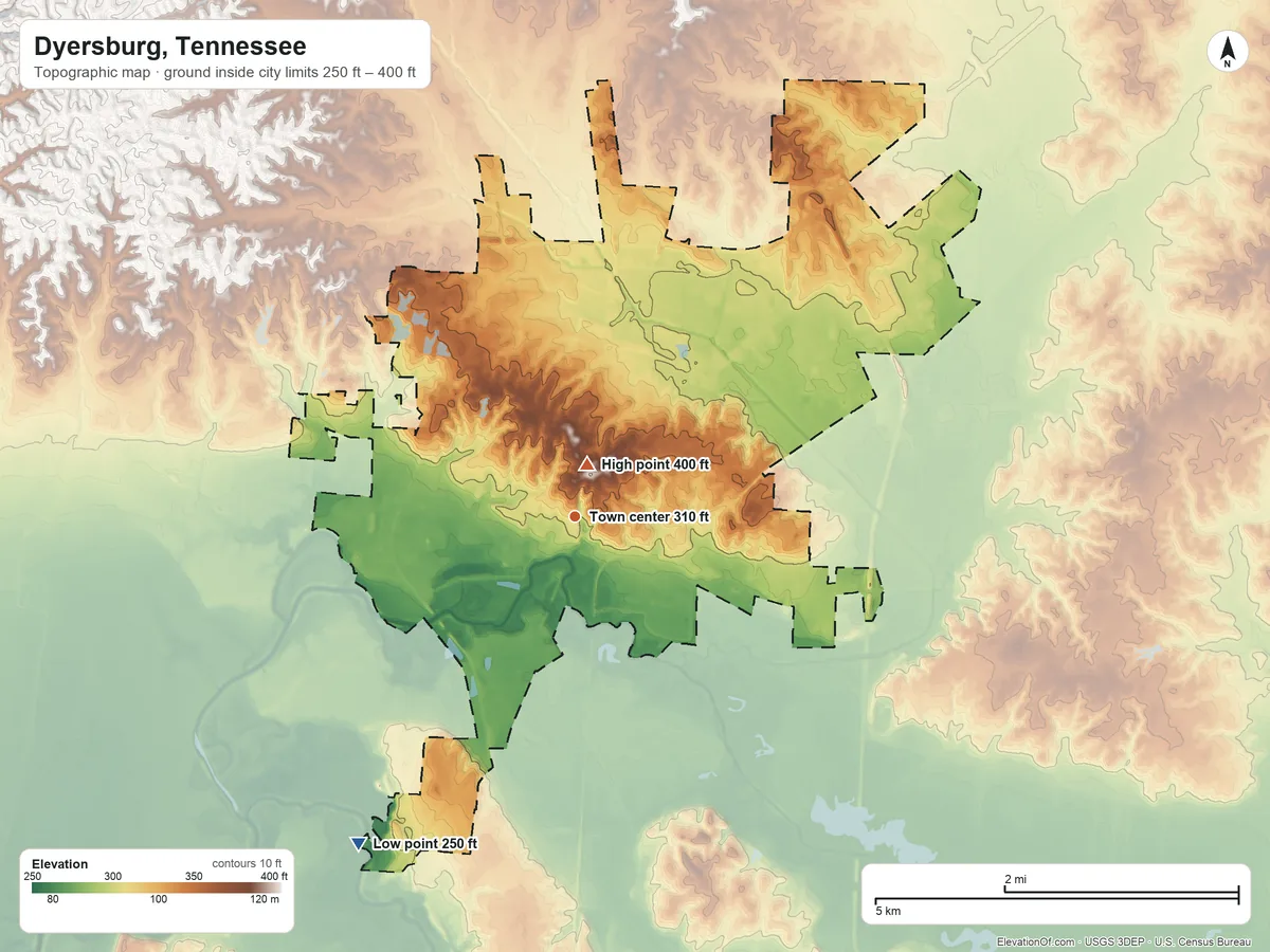 Topographic elevation map of Dyersburg, Tennessee, shaded from 250 ft on the southwest side to 400 ft near the middle