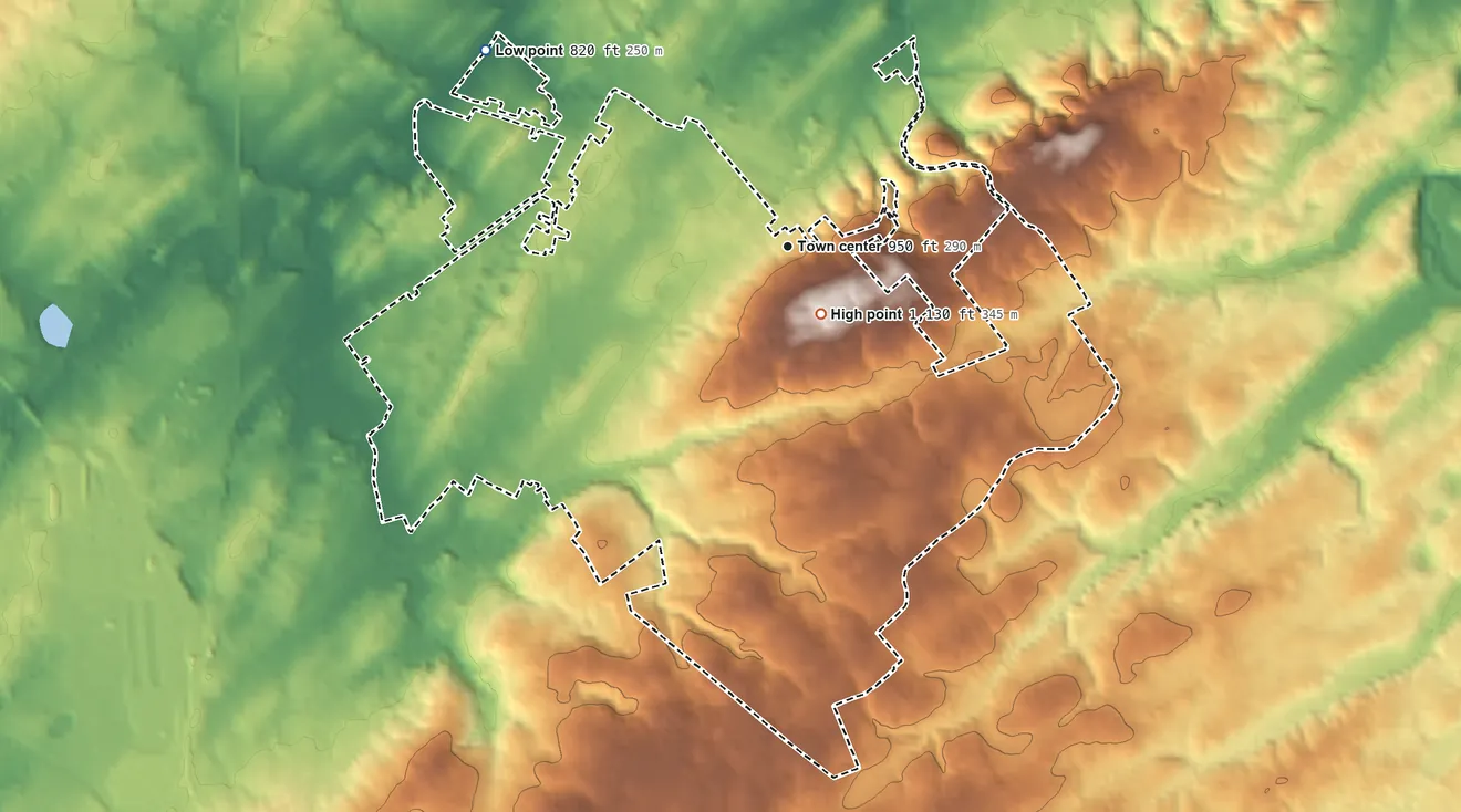 Topographic elevation map of Eagleton Village, Tennessee, shaded from 820 ft on the northwest side to 1,130 ft near the middle