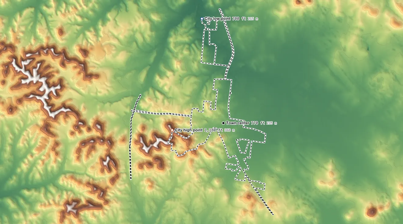 Topographic elevation map of Eagleville, Tennessee, shaded from 700 ft on the north side to 1,180 ft on the west side