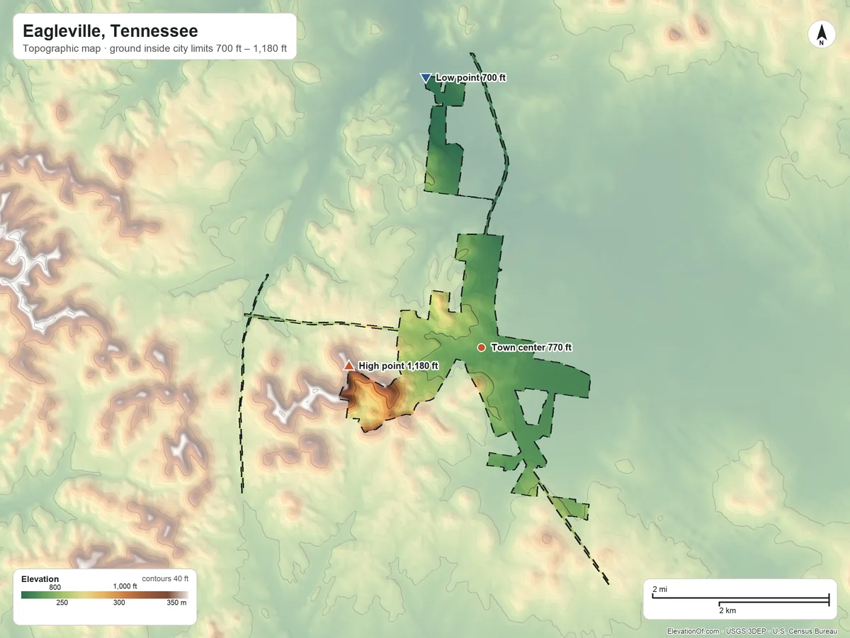 Topographic elevation map of Eagleville, Tennessee, shaded from 700 ft on the north side to 1,180 ft on the west side