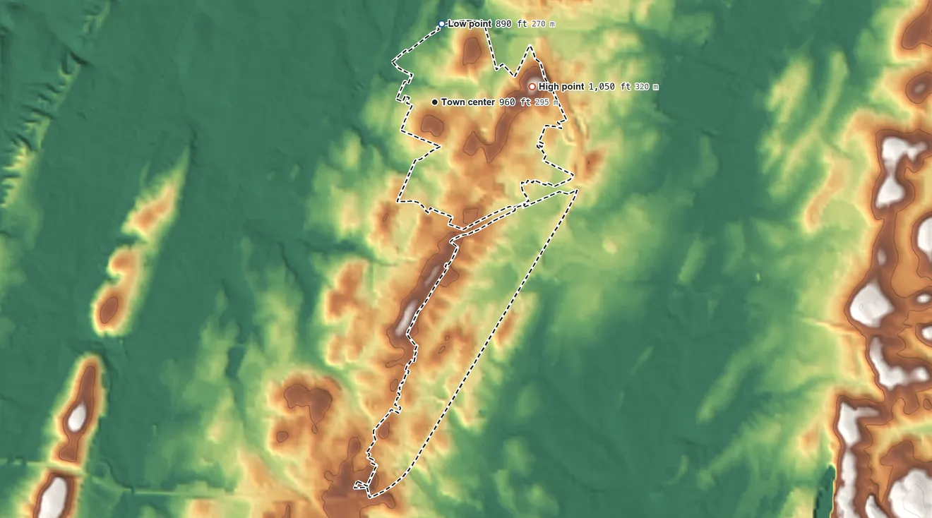 Topographic elevation map of East Cleveland, Tennessee, shaded from 890 ft on the north side to 1,050 ft on the east side