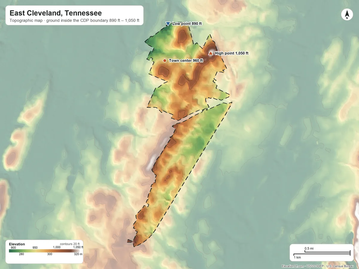 Topographic elevation map of East Cleveland, Tennessee, shaded from 890 ft on the north side to 1,050 ft on the east side