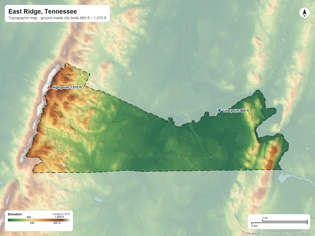 Topographic elevation map of East Ridge, Tennessee, shaded from 660 ft on the east side to 1,070 ft on the northwest side