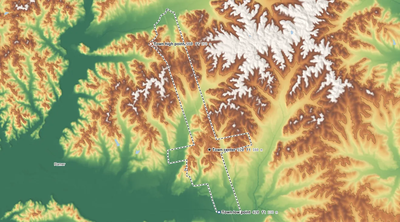 Topographic elevation map of Eastview, Tennessee, shaded from 420 ft on the south side to 560 ft on the northwest side