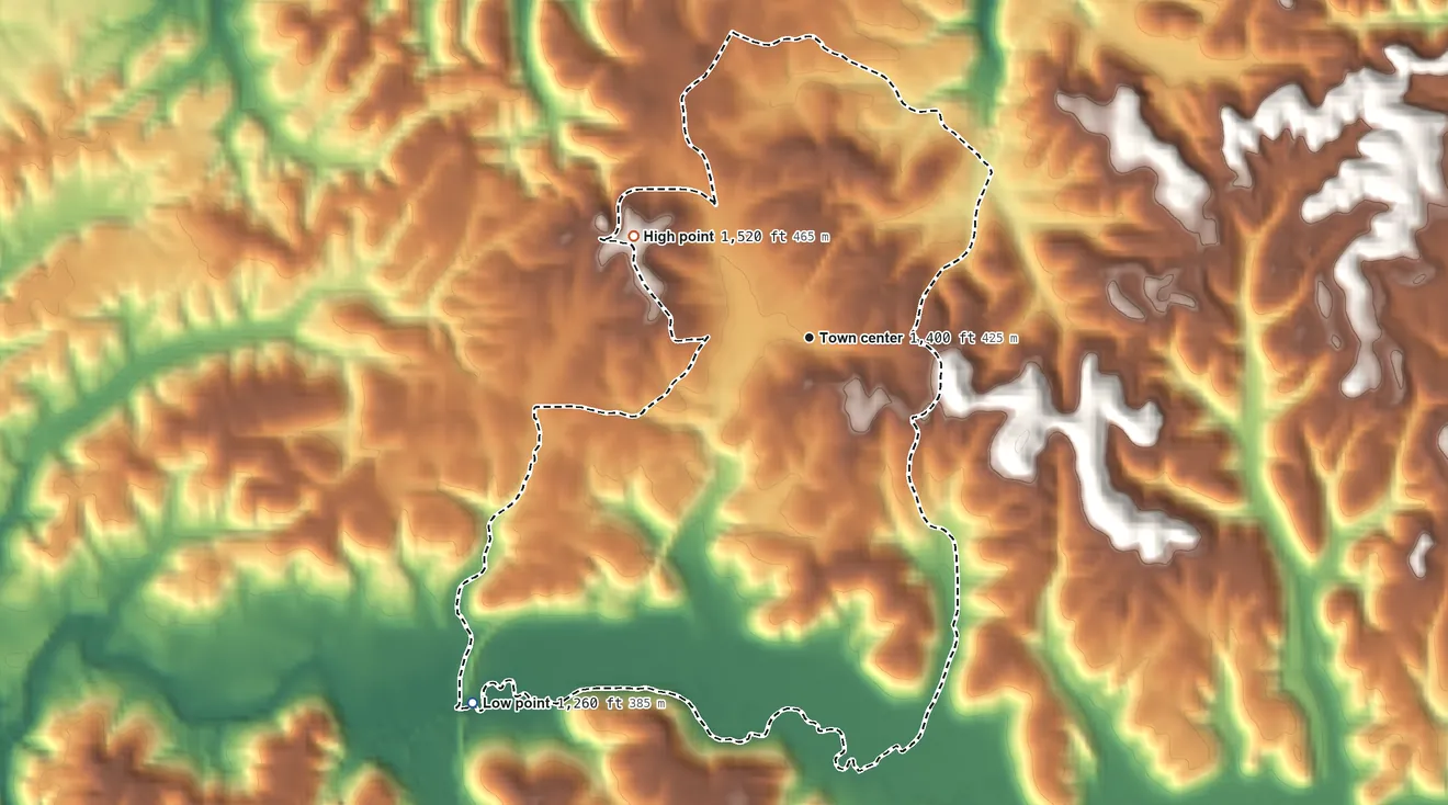 Topographic elevation map of Elgin, Tennessee, shaded from 1,260 ft on the southwest side to 1,520 ft on the northwest side