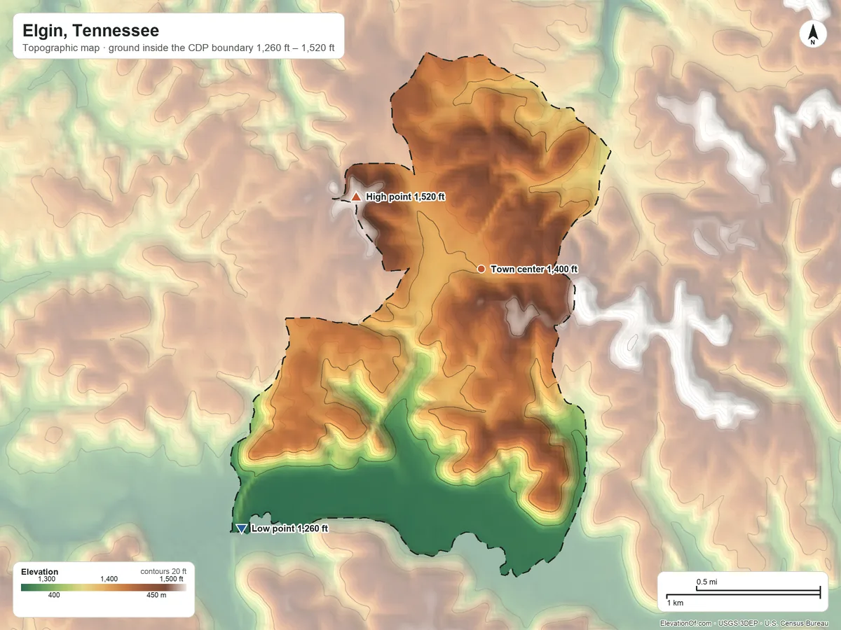 Topographic elevation map of Elgin, Tennessee, shaded from 1,260 ft on the southwest side to 1,520 ft on the northwest side