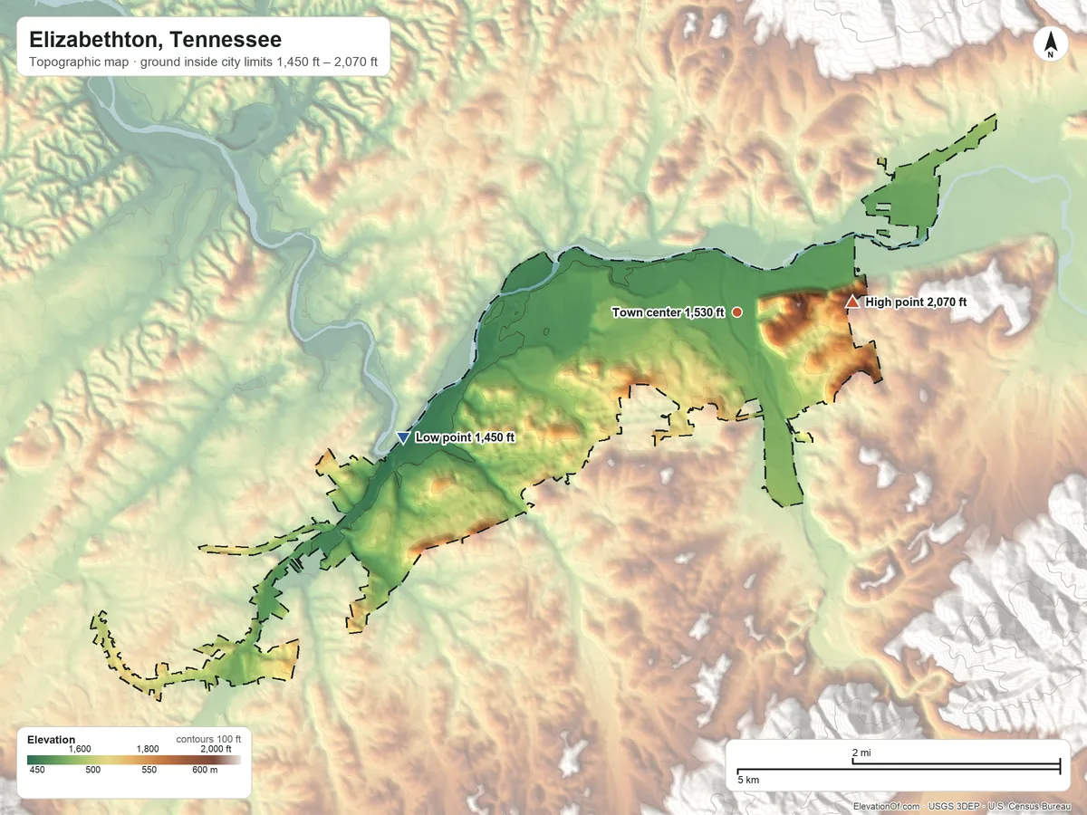 Topographic elevation map of Elizabethton, Tennessee, shaded from 1,450 ft on the west side to 2,070 ft on the east side