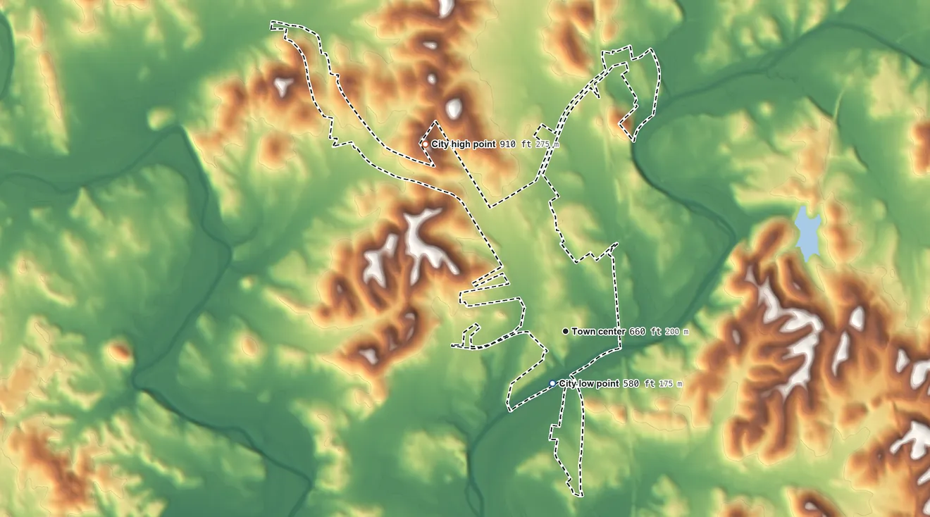 Topographic elevation map of Elkton, Tennessee, shaded from 580 ft near the middle to 910 ft on the northwest side