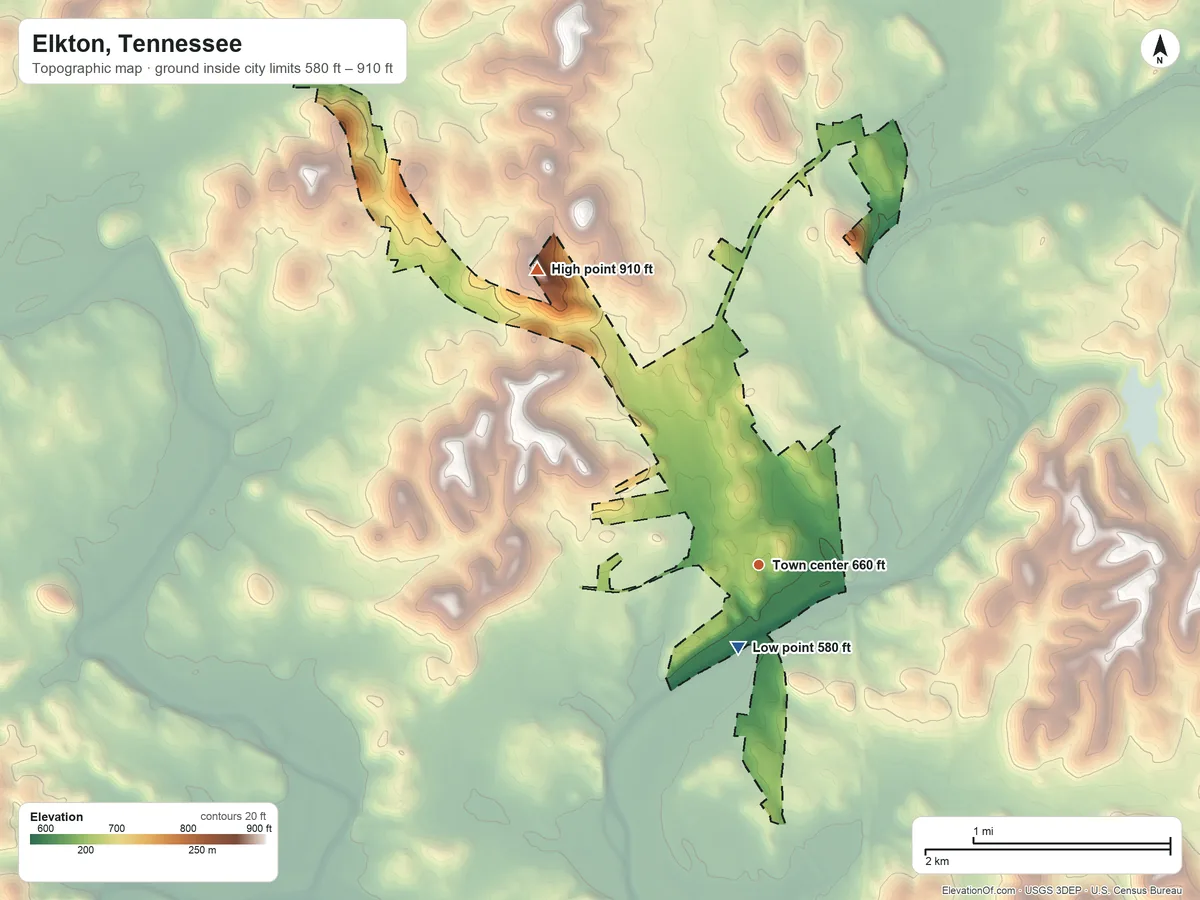 Topographic elevation map of Elkton, Tennessee, shaded from 580 ft near the middle to 910 ft on the northwest side