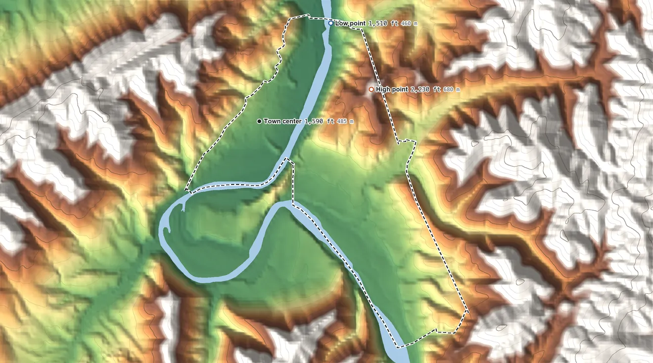 Topographic elevation map of Embreeville, Tennessee, shaded from 1,510 ft on the northeast side to 2,230 ft on Jump Hill