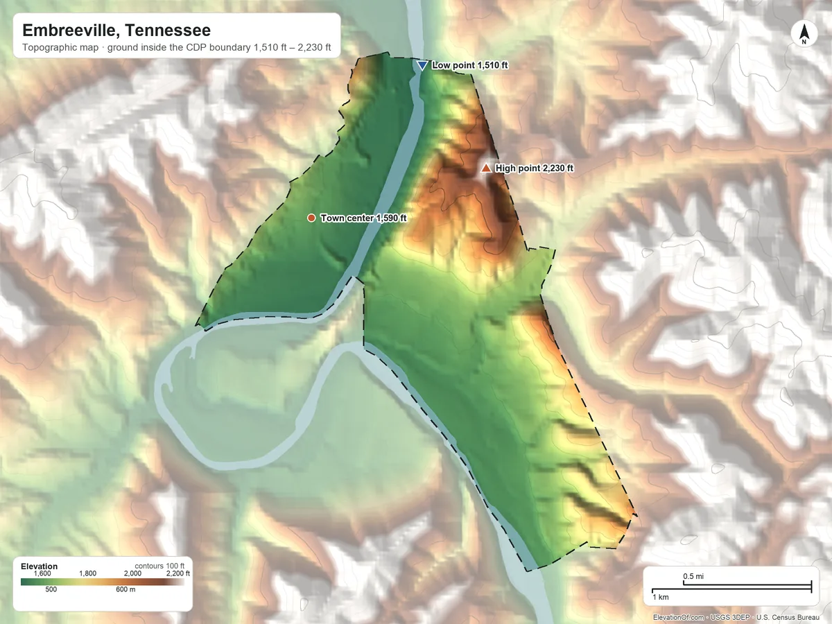 Topographic elevation map of Embreeville, Tennessee, shaded from 1,510 ft on the northeast side to 2,230 ft on Jump Hill